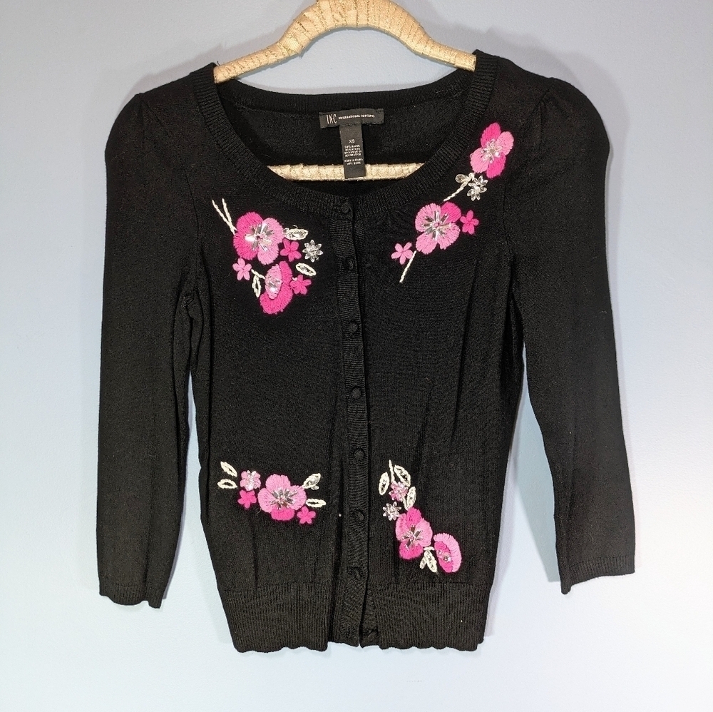 INC Black/Pink Embroidered/Jewelled Cardigan